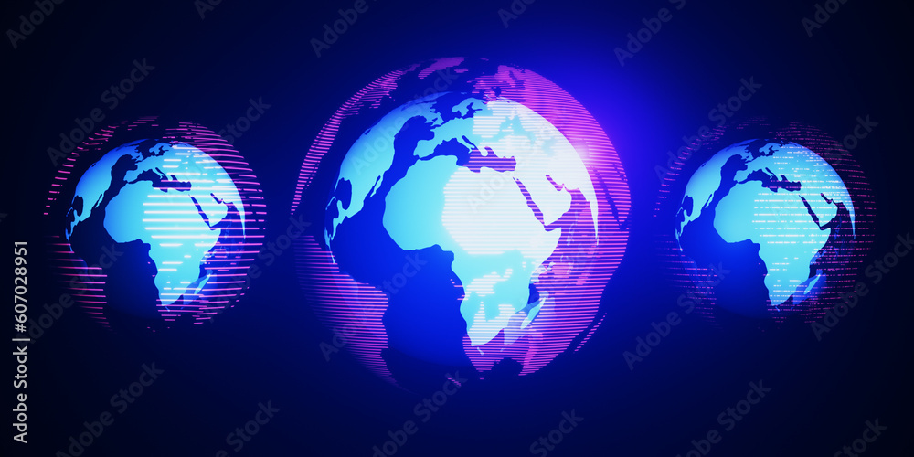 Poster Abstract glowing digital blue globe hologram on dark background. Digital world, global hacking protection and hud concept. 3D Rendering.