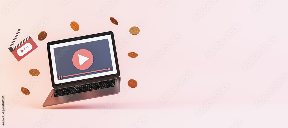 Poster creative image of paid online movie theater concept with laptop and dollar coins on wide pink backgr
