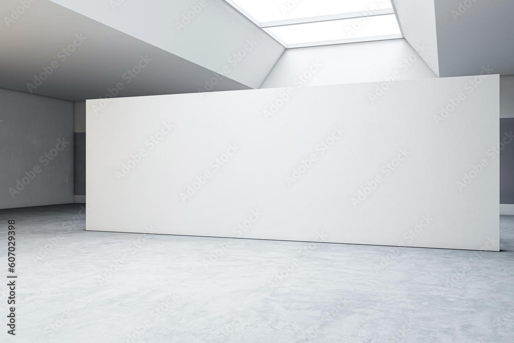 Poster perspective view of modern bright gallery with blank white wall background and concrete grey floor. 
