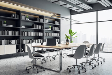 Perspective view on modern meeting room interior design with wooden conference table on steel legs, dark bookshelf with monochrome books and city view background from panoramic window. 3D rendering