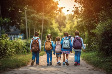 Obraz premium Little students with backpacks, back to school made with Generative AI technology