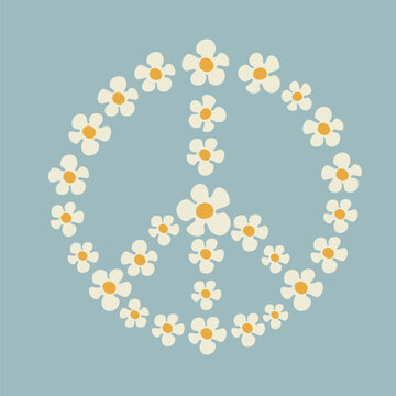 Illustration of a peace symbol made of chamomile flowers in Groovy style on bllue color background