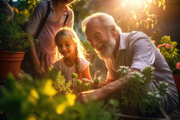 Grandfather with grandchildren in home garden created with Generative AI technology - obrazy, fototapety, plakaty