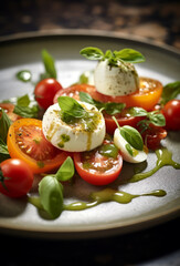 Caprese salad with ripe tomatoes, fresh mozzarella, and fragrant basil leaves beautifully arranged on a plate. Topped with a drizzle of pesto sauce. Generative AI.