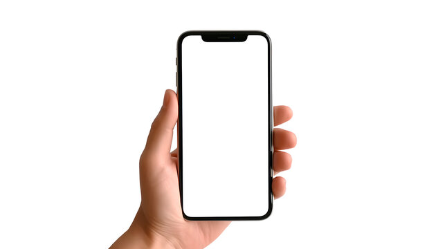 smartphone with transparent screen in hand on transparent background, smartphone in hand png mockup for any background and any image on the screen, generative ai