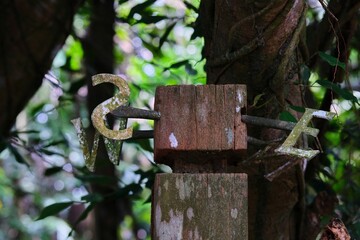 Metal stick on a wooden pole with S and E initial names in the forest, memorization concept