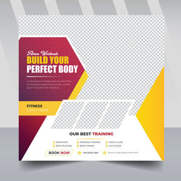 fitness and gym social media post template with yellow and black gradient color, Workout, fitness and Sports social media post banner design