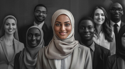 Generative AI image of an Arab lady in front of blurred background, usage as promo advertisement to attract certain gender and ethnicity for hiring