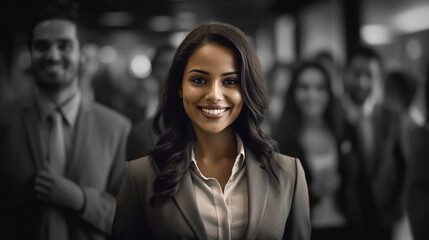 Generative AI image of an Asian Indian lady in front of blurred background, usage as promo advertisement to attract certain gender and ethnicity for hiring