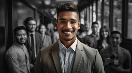 Generative AI image of a Malay man in front of blurred background, usage as promo advertisement to attract certain gender and ethnicity for hiring