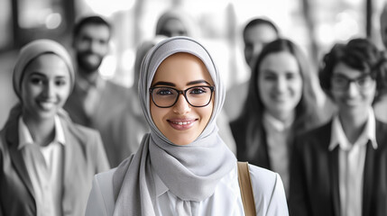 Generative AI image of a Malay lady in front of blurred background, usage as promo advertisement to attract certain gender and ethnicity for hiring