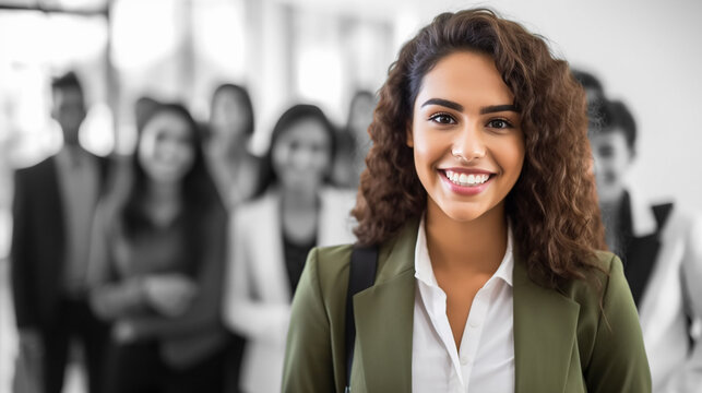 Generative AI image of an Mexican lady in front of blurred background, usage as promo advertisement to attract certain gender and ethnicity for hiring