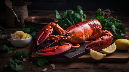 Lobster with lemon and herbs on rustic wooden background. Generative AI