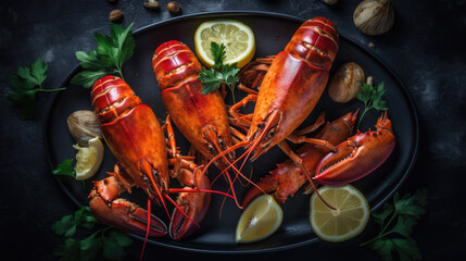Boiled lobster with lemon and parsley on a black plate on a wooden table. Generative AI