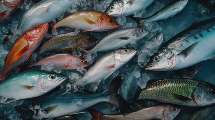 Fototapeta premium Fresh fish on ice at the fish market. Seafood and healthy eating concept. Generative AI