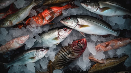 Fresh fish on ice at the fish market. Seafood and healthy eating concept. Generative AI