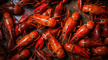 Crayfish at the seafood market on dark background. Top view. Generative AI