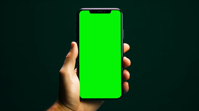 mockup Hand Holding mobile phone with green screen on black background Template wide ratio 16:9