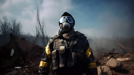 Fototapeta premium soldier with full gear and gas mask Generative AI