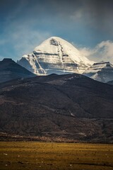Vertical shot of the snowy Mount Kailash in Taqin County, Ali Prefecture, Tibet, China