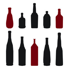 Shape of silhouettes of glass bottles for alcohol, wine, whiskey, vodka, brandy, cognac, beer, kvass, champagne, liqueur