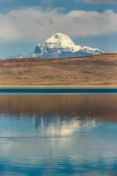 Vertical shot of the snowy Mount Kailash in Taqin County, Ali Prefecture, Tibet, China