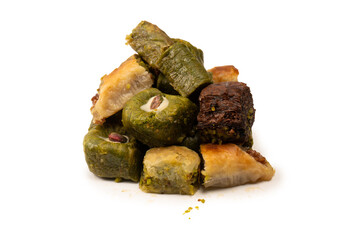 Turkish pistachio baklava isolated on a white background. A variety of turkish sweet baklava.