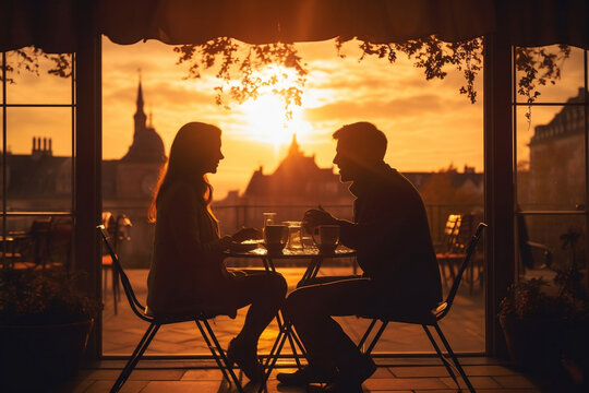 Silhouette of couple sitting on a cafe in Europe. Generative AI
