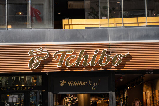 Tchibo sign and logo in Nisantasi district. Tchibo is a German chain of coffee retailers and cafes. Istanbul, Turkey - May 26, 2023.