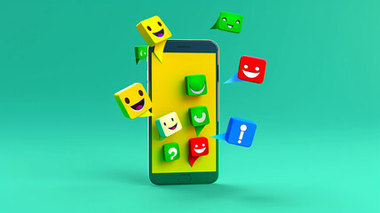 social media advertising mobile phone with posts and emojis with simple green background