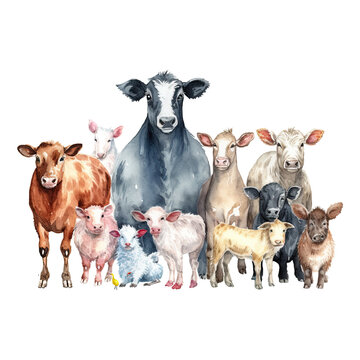 Watercolor farm animals. Cartoon farm animals isolated on transparent background. Generative AI