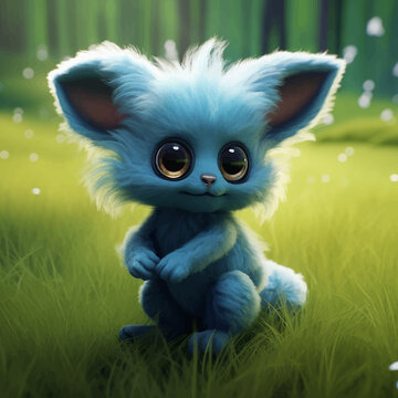 Cute Blue Alien with big black eyes. Funny fluffy cartoon character. Fluffy little monster is standing on the grass. Fantasy Baby Cat. Kitty. Legend and Fairy Tale. 3D illustration for children
