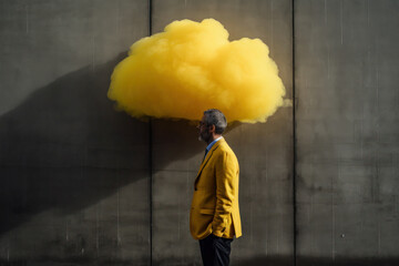 Obraz premium a cloud of flies near the head of a man in a yellow business suit. art, minimalism, dark sky. surreal art. AI generative