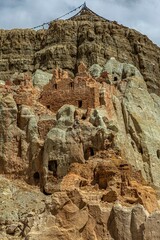 Vertical view of the historic ruins of Vault Silver City in Zhada County, Tibet, China