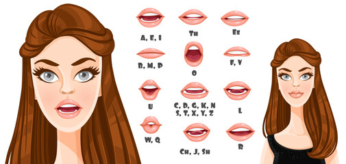 Cute cartoon brunette girl with long hair talking mouth animation. Female character speak mouths expressions