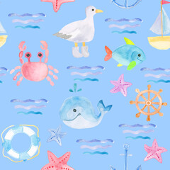 Children's colored drawing seamless pattern with whales, fish, starfish, sea wheels and lifebuoys