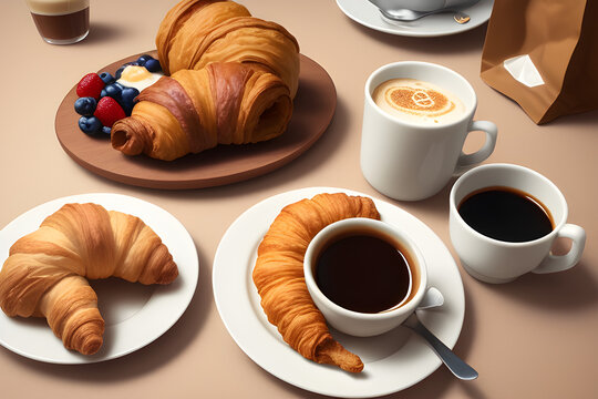 Coffee white cup, croissants on dark retro background, selective focus. Breakfast concept
