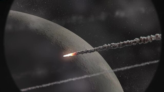 Meteors Burning over the moon, space shuttle window. 
Cinematic view of Meteors asteroids burning over moon seeing from shuttle window
