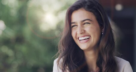 Happy, laugh and face of a woman outdoor in a garden, park or nature with light and bokeh. Happiness, excited and portrait of beautiful female person from Canada with positive mindset by mockup space