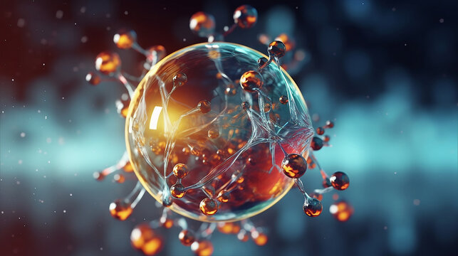 Abstract atom or molecule structure for science or medical background, Generative Ai illustration.