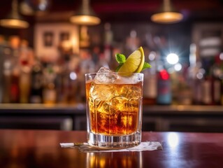 Cuba Libre Cocktail on a bar counter (generative AI)