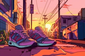 Sneakers on the street at sunset in close-up view. (Illustration, Generative AI)