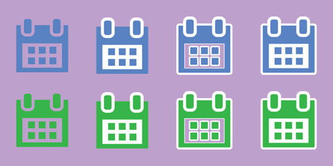 Calendar icon. Sticker. Vector illustration. Simple picture without and with outline. Blue, white and green colors. Web interface icon.