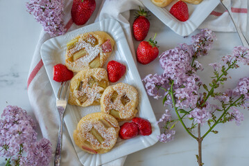 sweet home made pancakes with rhubarb and elderflower