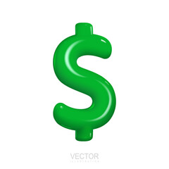 Green dollar symbol. Realistic 3d design In plastic cartoon style. Icon isolated on white background. Vector