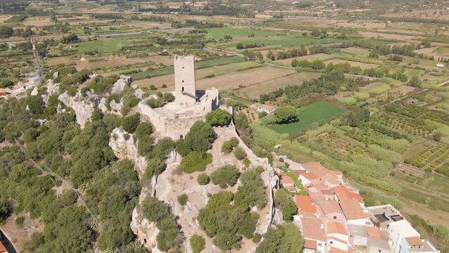 Aerial view of the historic Castello della Fava Castle in Posada, Italy