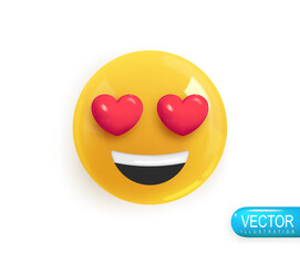 Emoji face lover with hearts in his eyes. Realistic 3d design. Emoticon yellow glossy color. Icon in plastic cartoon style isolated on white background. Vector illustration