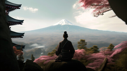 Strong asian man goes to temple Generative AI