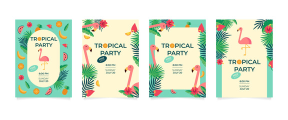 Flamingoes with tropical fruit and leaves illustrations for party invitation card template