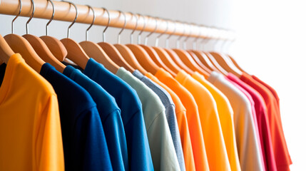 close up collection of colorful t-shirts hanging on wooden clothes hanger in closet or clothing rack over white background. Generative ai